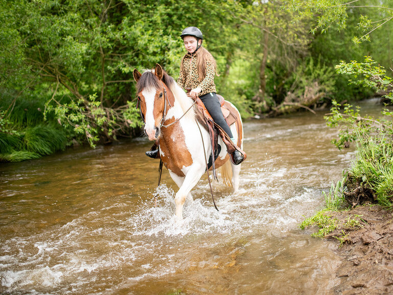 Mädchen auf Pferd im Bach